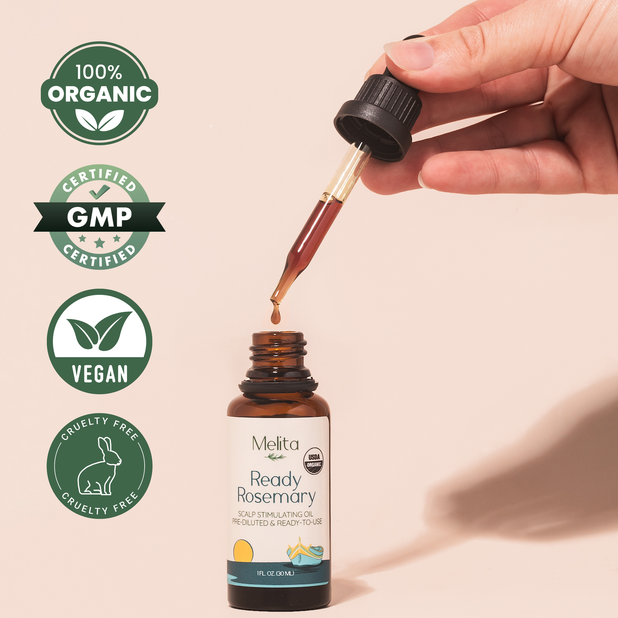 Hand using a dropper to extract liquid from a bottle labeled 'Melita Ready Rosemary' with certification icons on a beige background.
